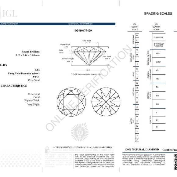 Round Mined Loose Diamond 0.73 Ct Vivid Brown Yellow Vvs1 Igl C52003001 - Picture 5 of 6